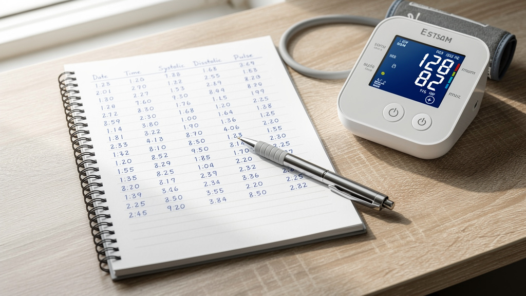 Aufgeschlagenes Blutdruck-Tagebuch mit handschriftlichen Eintraegen neben einem Blutdruckmessgeraet auf einem Tisch