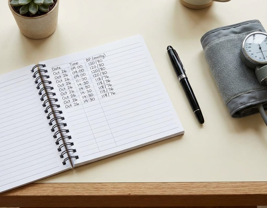 Blutdruckmessgeraet zeigt Blutdruckwerte an mit einer uebersichtlichen Wertetabelle