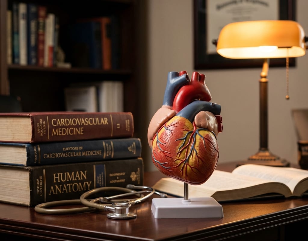 Anatomische Darstellung des Herzens und der Blutgefaesse zur Veranschaulichung von Bluthochdruck-Folgen