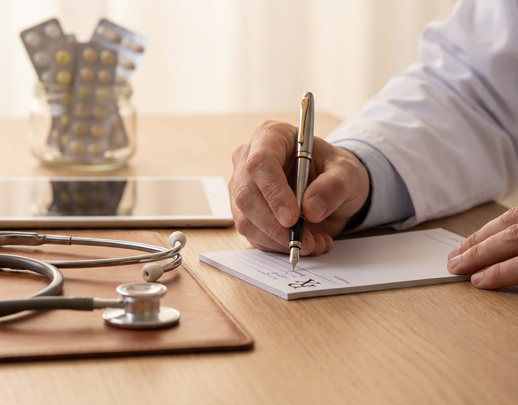 Verschiedene Blutdruckmedikamente und ein Blutdruckmessgeraet auf einem Tisch