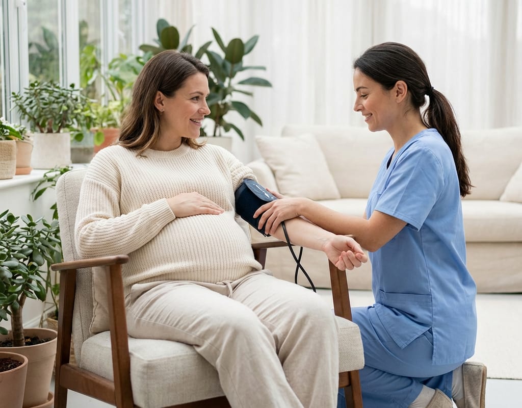 Schwangere Frau laesst beim Arzt den Blutdruck messen